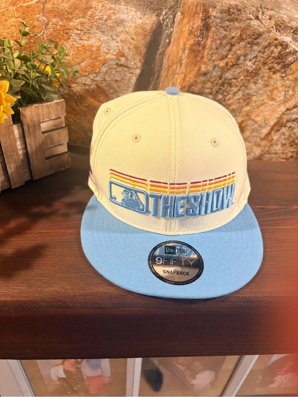 MLB The Show Cream Cap with Light Blue Visor and Multicolor Stripe Embroidery